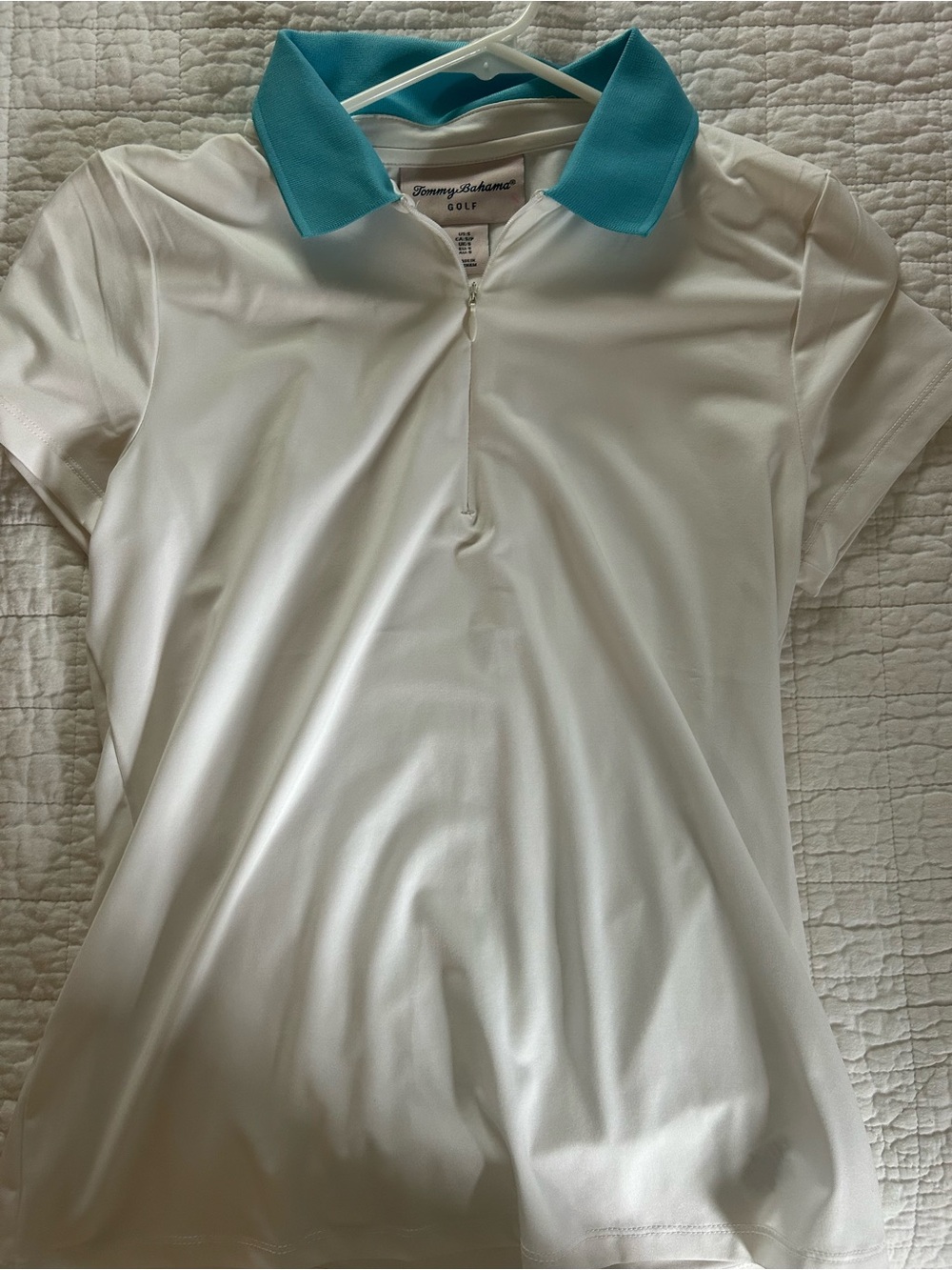 Tommy Bahama WOMEN White Polo with Teal Collar Zip